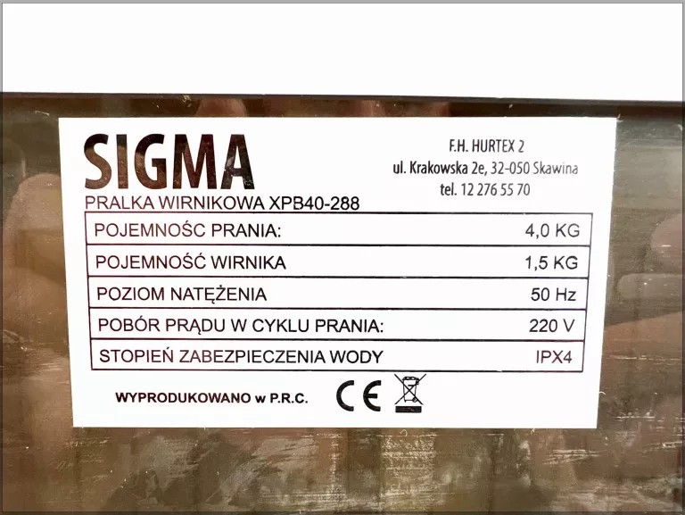 PRALKA TURYSTYCZNA SIGMA XPB40-288