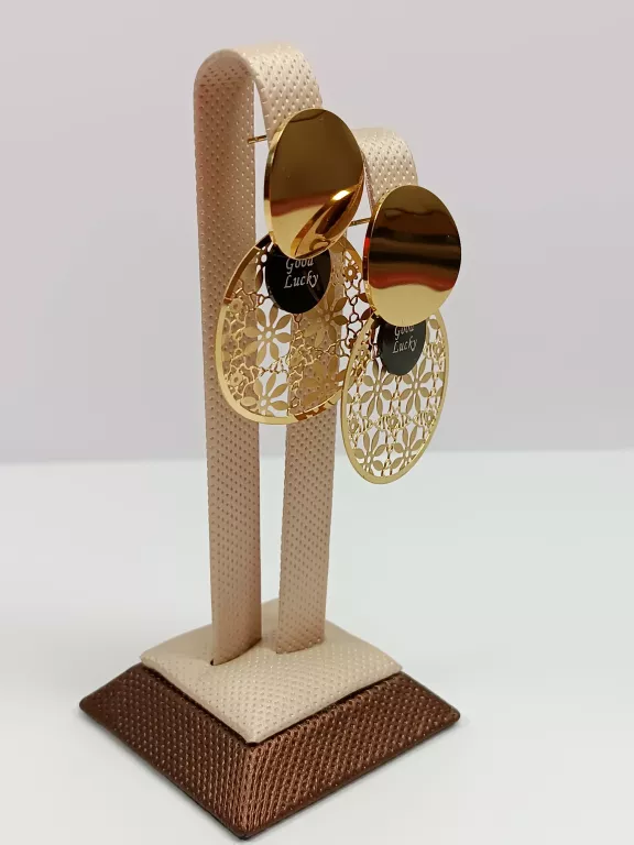 KOLCZYKI STAL POZŁACANA AŻUR GOOD LUCKY 3 OKRĘGI