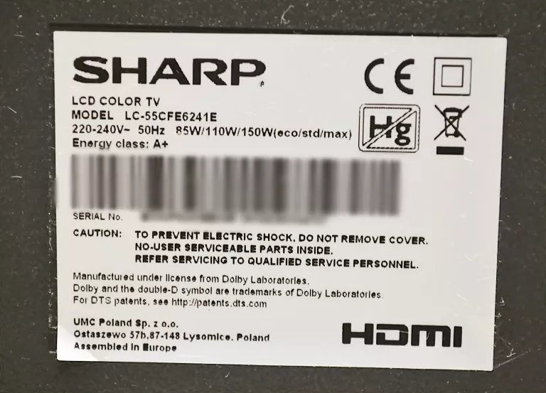 TV SHARP LC-55CFE6241 SMART LED + KOMPLET OPIS