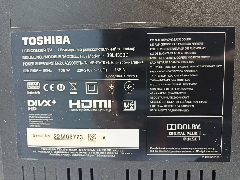 TV TOSHIBA 39L4333D PILOT SMART TV