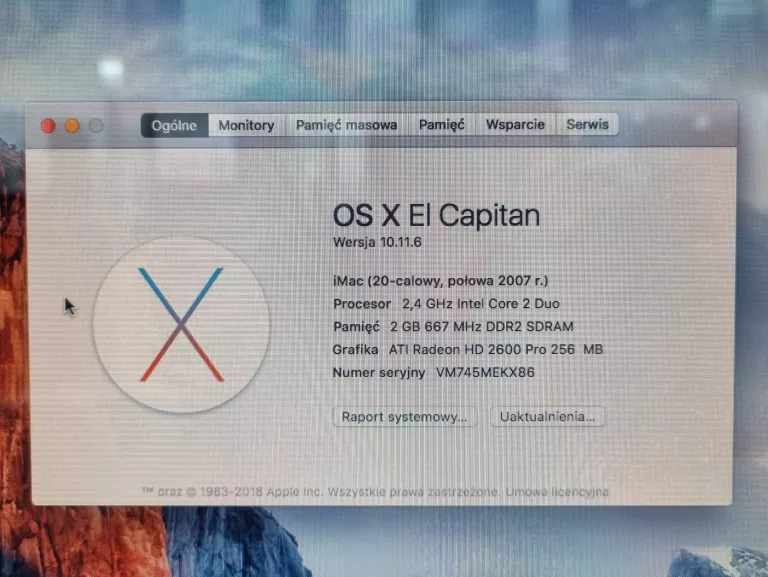 APPLE IMAC 7.1 A1224 20" INTEL C2D/2GB/128SSD/OSX