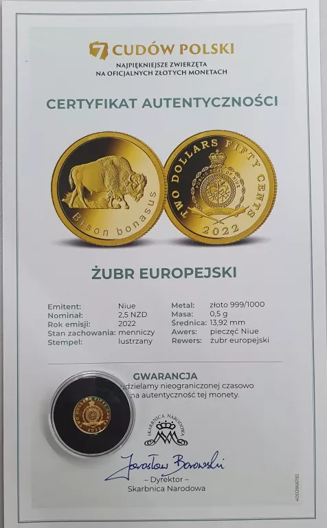 ZŁOTA MONETA - ŻUBR EUROPEJSKI 0,5GR - 999