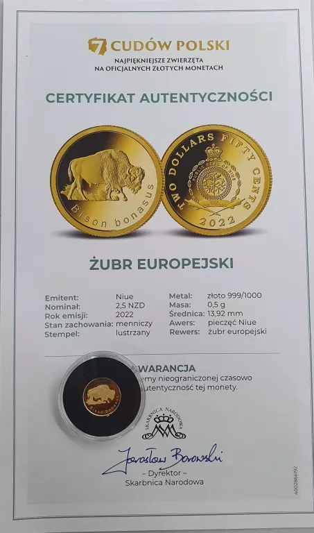 ZŁOTA MONETA - ŻUBR EUROPEJSKI 0,5GR - 999