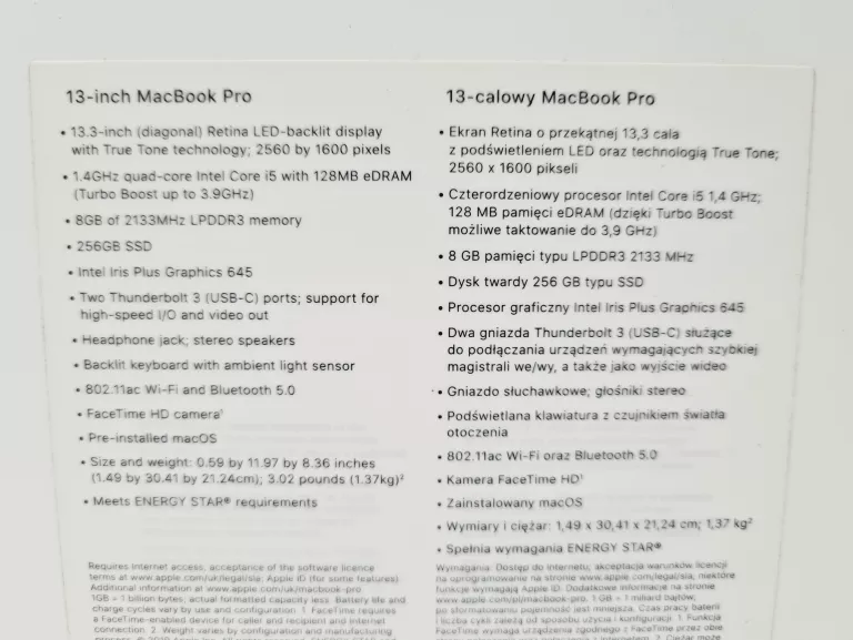 APPLE MACBOOK PRO 13 I5-8257 8GB 256GB A2159 2019