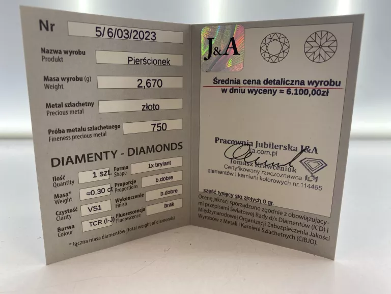 CUDOWNY ZŁOTY PIERŚCIONEK Z DIAMENTEM P.750/2,67G