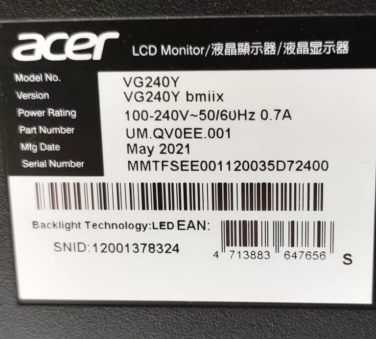 MONITOR ACER NITRO VG240Y IPS 1MS FREESYNC