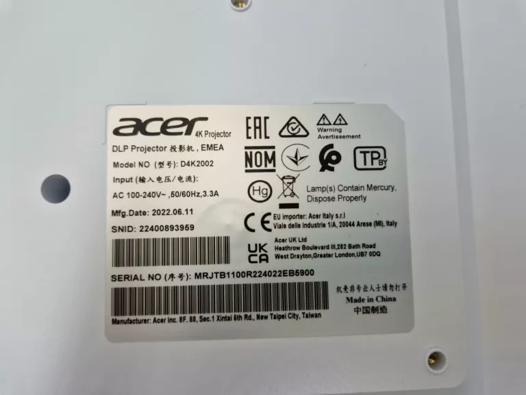 PROJEKTOR ACER H6816ABD 4K UHD 4000LM ANSI