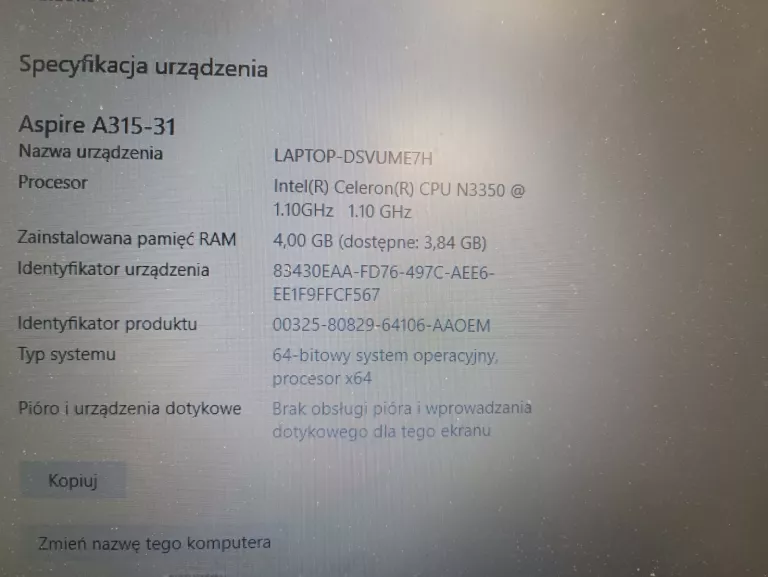 LAPTOP  ACER ASPIRE 3 A315-31 N17Q2  + PUD