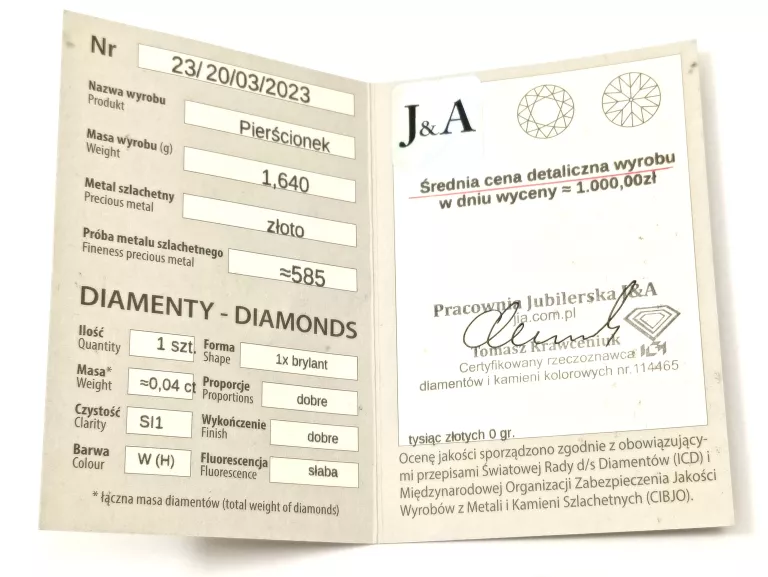 ZŁOTY PIERŚCIONEK Z BRYLANTEM  1,64GR  585