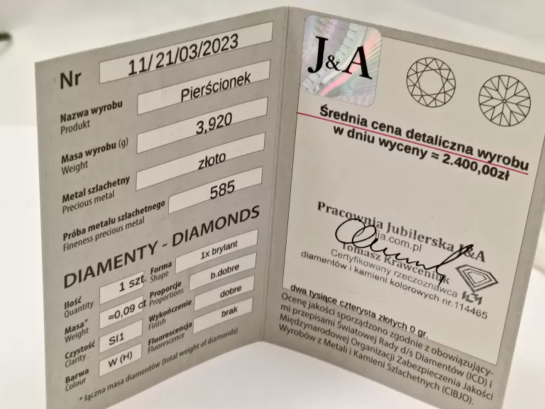ZŁOTY PIERŚCIONEK Z DIAMENTEM 3,92GR 585