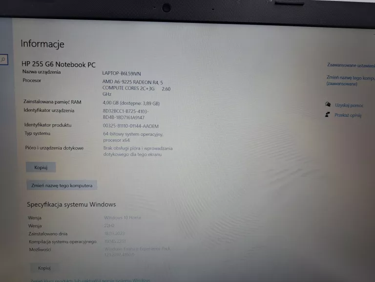 LAPTOP HP 255 G6 AMD A6/4GB RAM/ 1 TB HDD