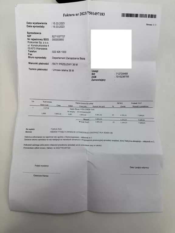 TELEFON APPLE IPHONE 14 PRO 256GB KOMPLET FAKTURA