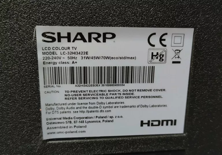 TELEWIZOR SHARP 32HI3422E 32" PILOT