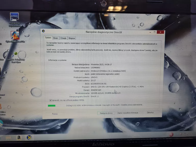 LAPTOP LENOVO G585 4/500 GB/WIN 8/ AMD E1 OPIS