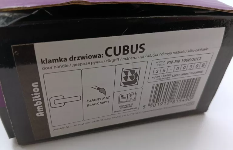 KLAMKA CUBUS Z KRÓTKIM SZYLDEM CZARNY AMBITION PU