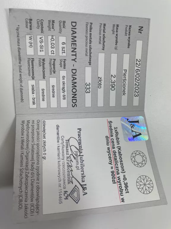 ZŁOTY PIERSCIONEK 333 Z 6 BRYLANTAMI 1 RUBIN