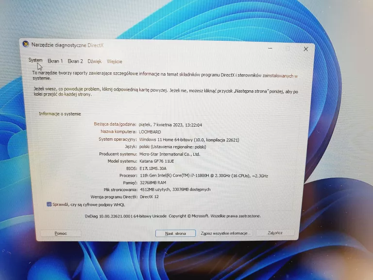 LAPTOP MSI GF76 I7-11 GEN 512 SSD 32GB RAM RTX306