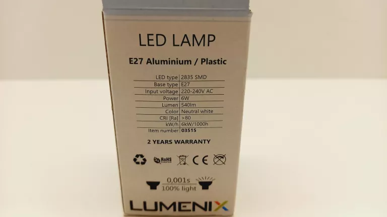 ŻARÓWKA LUMENIX 540LM 6W E27 NEUTRAL WHITE