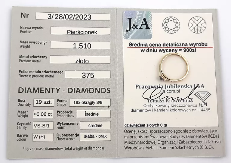 ZŁOTY PIERŚCIONEK Z DIAMENTAMI P375 1,51G R14