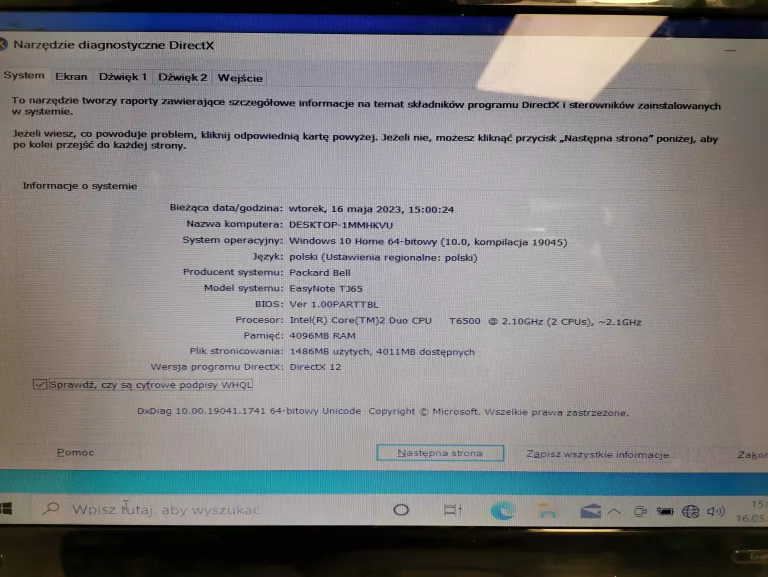 LAPTOP PACKARD BELL TJ65 T4300/4GB/320GB *OPIS