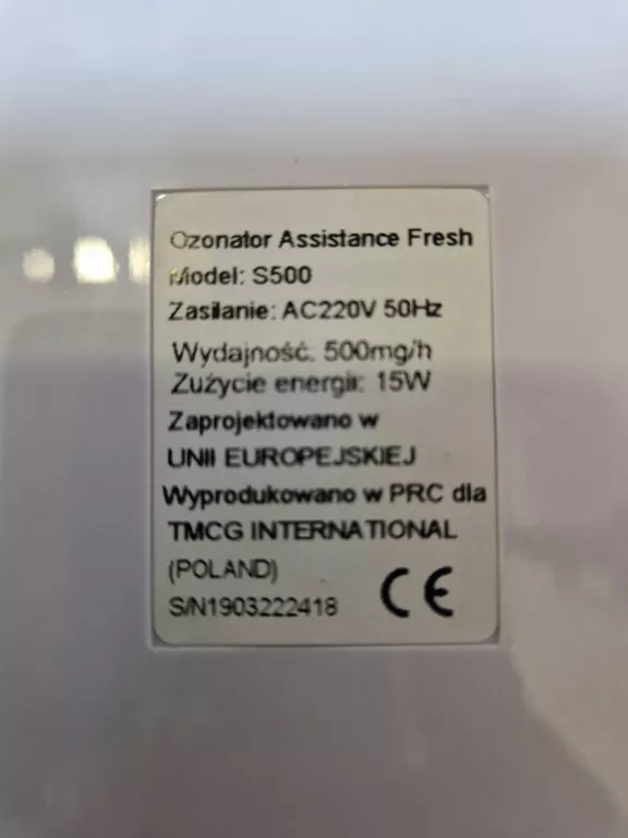 OZONATOR ASSISTANCE FRESH MODEL S500
