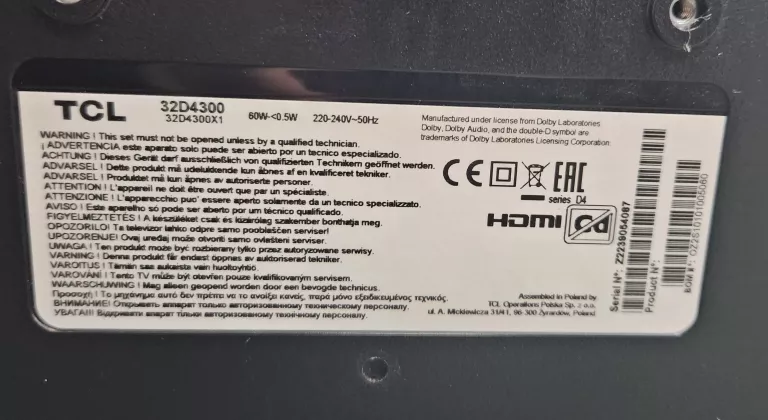 TELEWIZOR TCL32D4300,