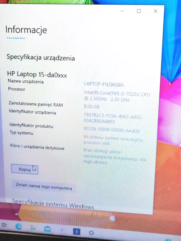 LAPTOP HP 15 FHD I3-7020U 8GB / ZASILACZ