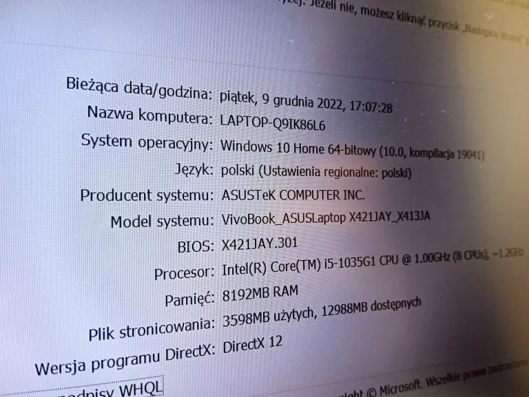 LAPTOP ASUS VIVOBOOK 14/15 X413J 8GB/WIN10/512SSD