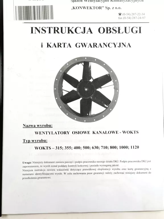 KONWEKTOR WENTYLATOR OSIOWY KANAŁOWY WOKTS-355