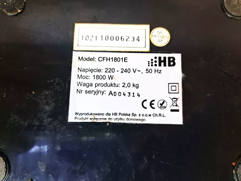 GRZEJNIK ELEKTRYCZNY HB CFH1801E