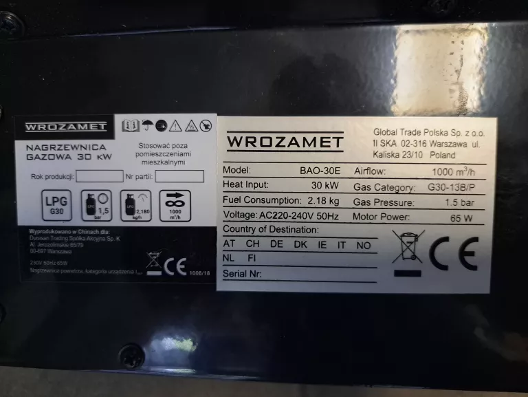 NAGRZEWNICA GAZOWA WROZAMET BAO-30E