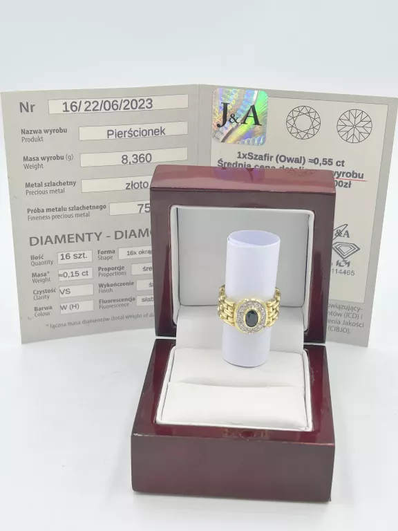 ZŁOTY PIERŚCIONEK 750 18K OWALNY SZAFIR DIAMENTY ROZMIAR 13 CERTYFIKAT