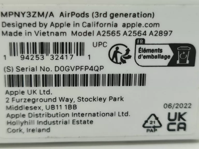 SŁUCHAWKI APPLE AIRPODS 3 GEN MPNY3ZM/A *FINDMY*