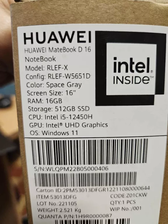 LAPTOP HUAWEI MATEBOOK D16 16/512GB RLEF-X