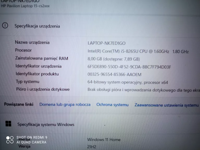HP PAVILION 15-CS2014NW 256GB/8GB RAM/I5-8265U