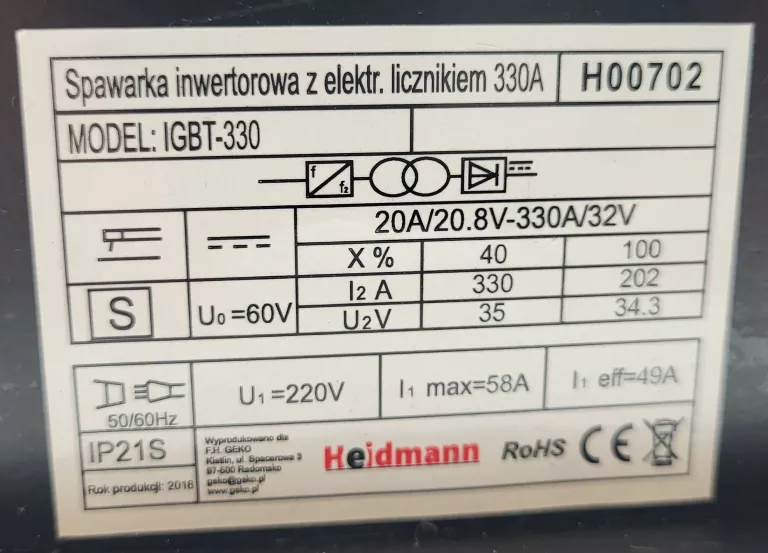 SPAWARKA HEIDMANN 330A IGBT-330 INWERTOROWA