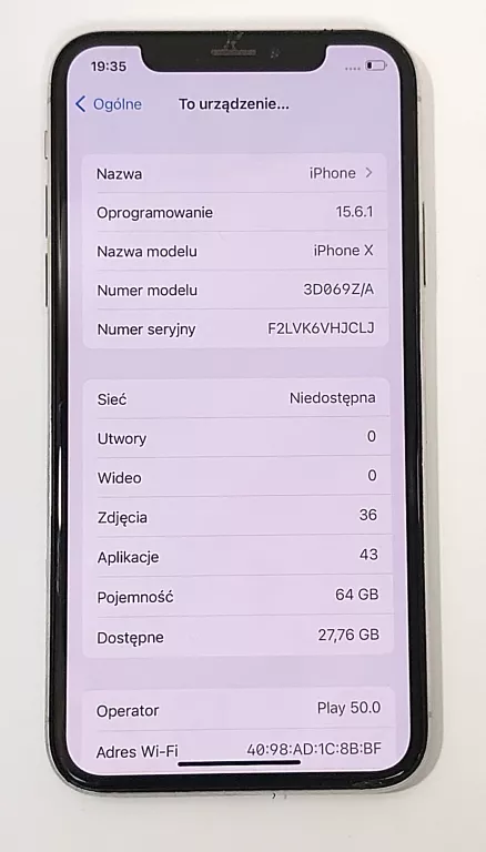 TELEFON APPLE IPHONE X 3/64GB SREBRNY BATERIA 100