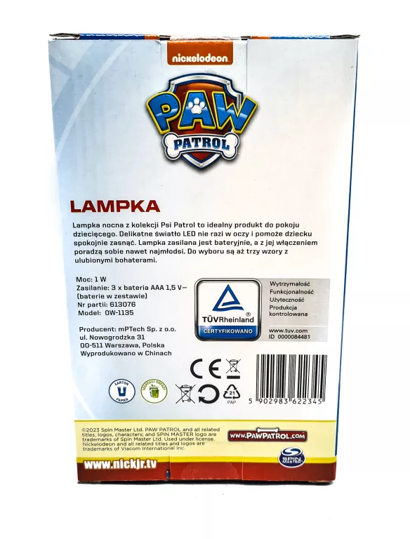 LAMPKA NOCNA DLA DZIECI PSI PATROL CZERWONA SKY
