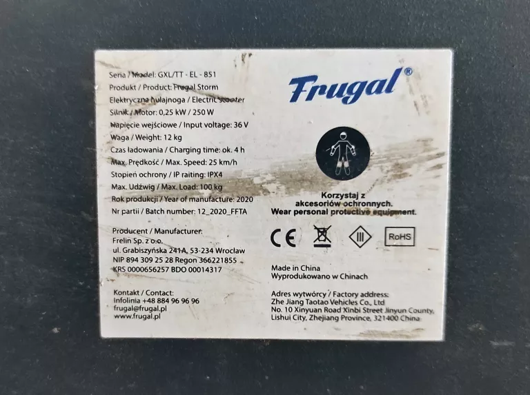 HULAJNOGA ELEKTRYCZNA FRUGAL STORM 2020R 250 W