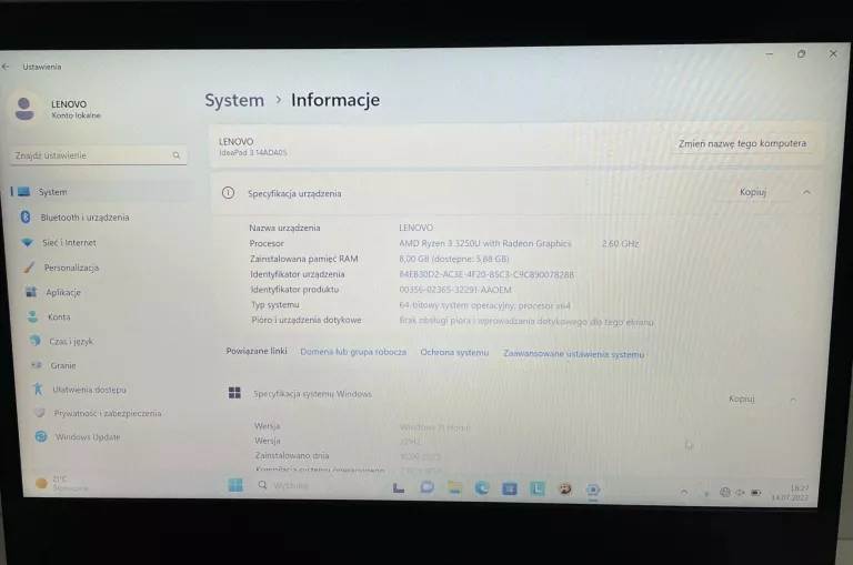 LAPTOP LENOVO IDEAPAD 3 RYZEN 3/256SSD/8RAM