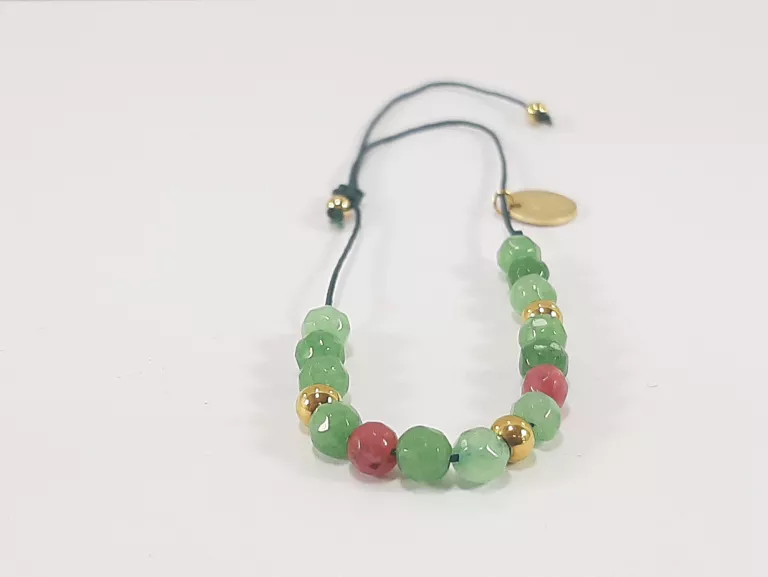 BRANSOLETKA STAL POZŁACANA ZIELONO-RUBINOWE KORALE