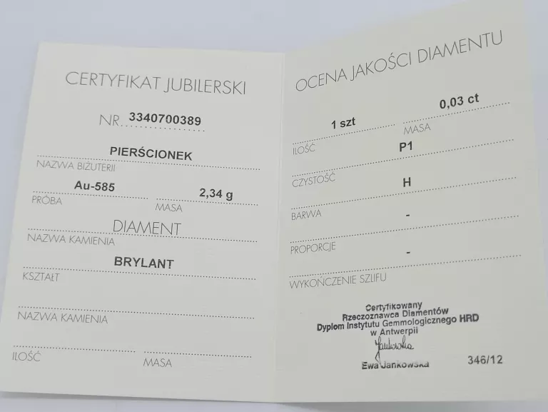 ZŁOTO 585 PIERŚCIONEK Z DIAMENTEM CERT. R12 2,34G