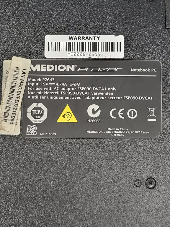 LAPTOP MEDION ERAZER P7643 I5/8RAM/128SSD