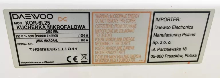 MIKROFALOWKA DAEWOO KOR-6L25