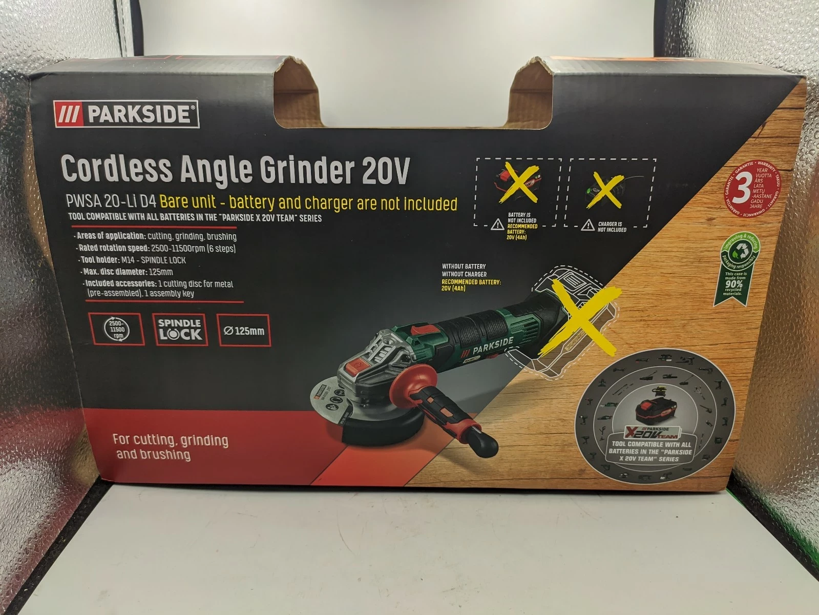 PARKSIDE Cordless Angle Grinder 20V 125mm Disc with battery and charger.