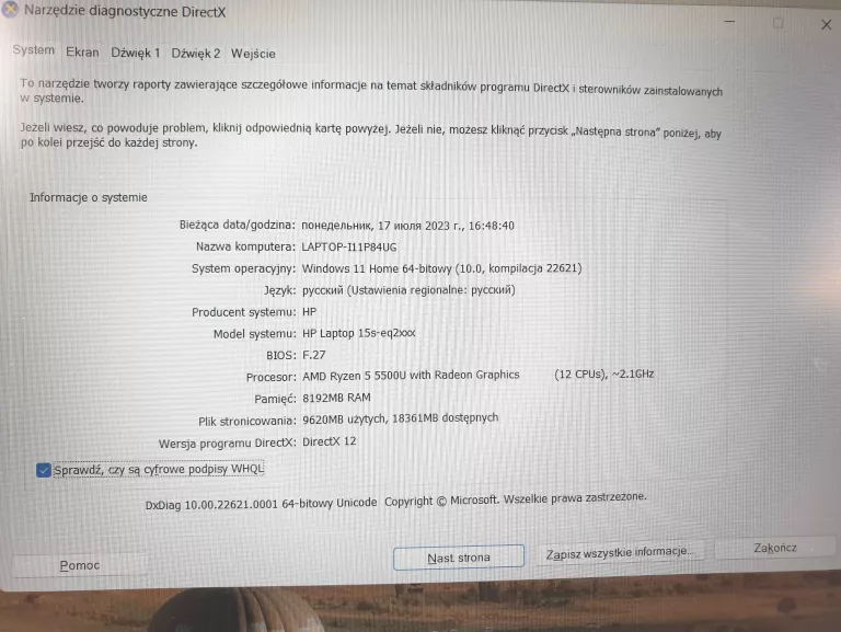 LAPTOP HP 15S-EQ2120NW AMD RYZEN 5 5500U 250/8GB