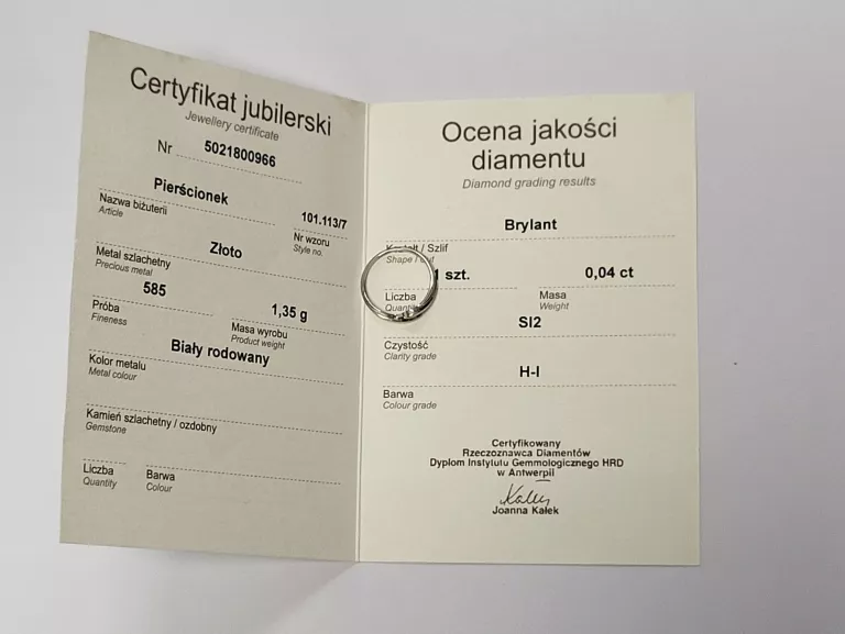 ZŁOTY PIERŚCIONEK Z CERTFIKATEM APART BRYLANT BIAŁE ZŁOTO