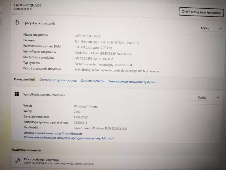 LAPTOP HUAWEI MATEBOOK D16 8/512GB I5 12 GEN WIN1
