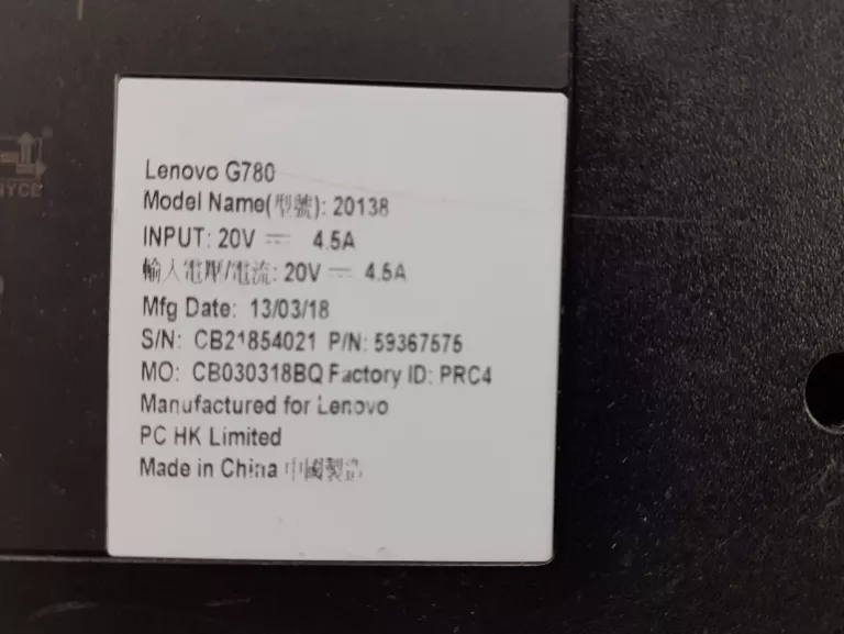 LAPTOP LAPTOP LENOVO G780 #OPIS