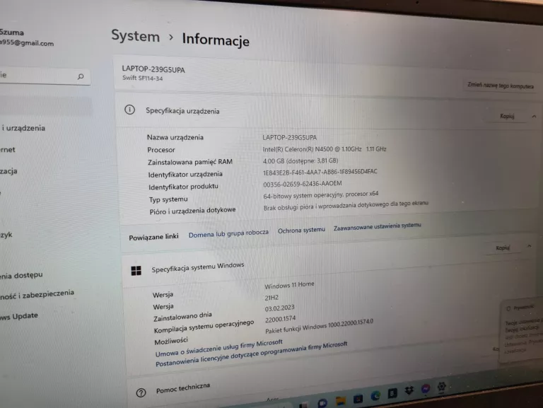 LAPTOP ACER SWIFT 1 N20H2 N450 4GB 128GB WIN11H